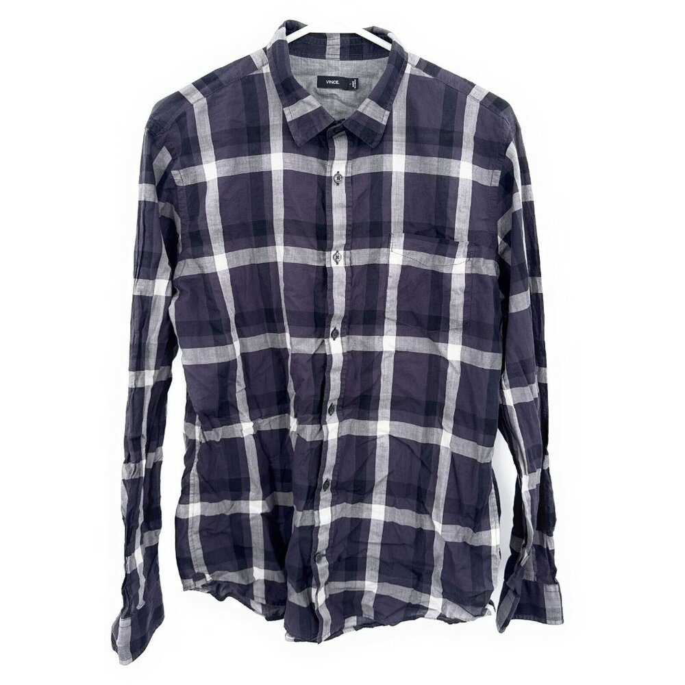 Vince Mens Large Plaid Shirt Purple Long Sleeve‎ Lightweight Sheer